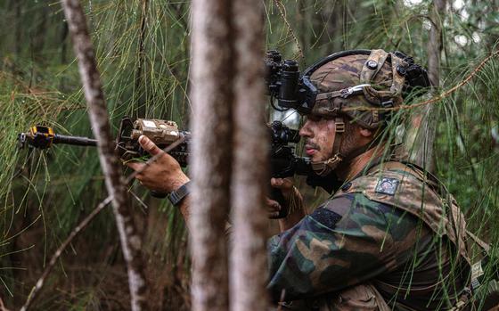Seen through trees, a soldier in profile wearing a helmet with binoculars aims his rifle.