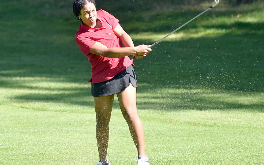 Kaiserslautern junior Asia Andrews hits the ball during a Sept. 7, 2023, round at Woodlawn Golf Course on Ramstein Air Base, Germany. Andrews is the defending DODEA European girls individual champion.