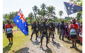 Villagers perform a traditional welcome ceremony for Australian Prime Minister Anthony Albanese prior to his walk with Papua New Guinea Prime Minister James Marape along the Kokoda Track at Kokoda Village, Papua New Guinea, on Tuesday, April 23, 2024. 