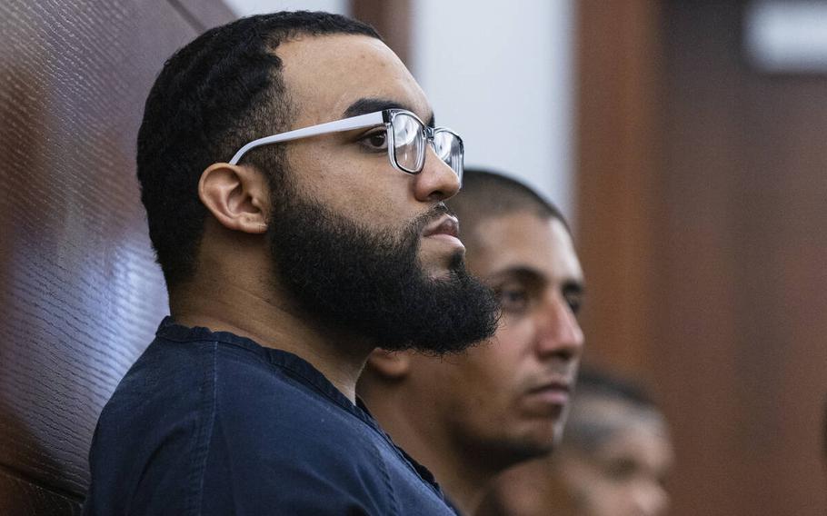 Angell Fernandez, who was convicted of first-degree murder in the home invasion killing of a Las Vegas-area rapper, appears in court during his sentencing hearing at the Regional Justice Center on Thursday, Aug. 11, 2022, in Las Vegas. 