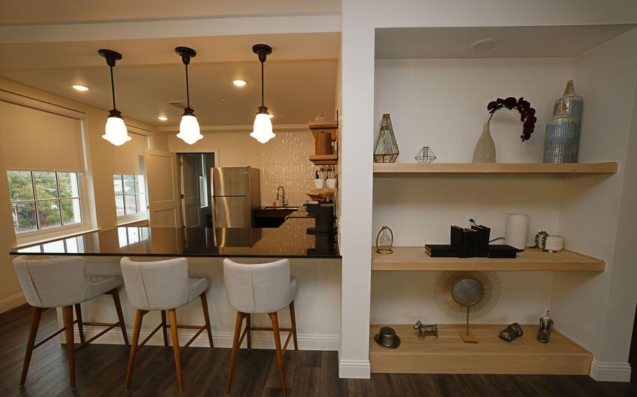 The hotel rooms at the renovated Crazy Water Hotel in Mineral Wells, Texas, have spacious kitchens. 