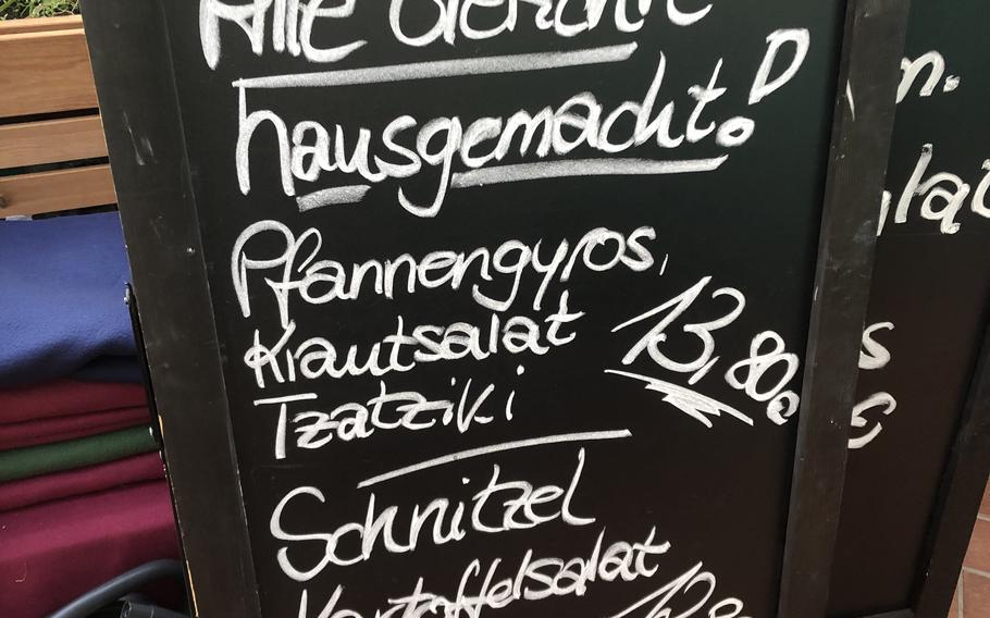 The menu at Kunst Cafe at Vogelwoog Park in Kaiserslautern changes daily. There were three main dinner offerings on Friday, July 8, 2022, including pfannengyros, schnitzel and wurst salad.