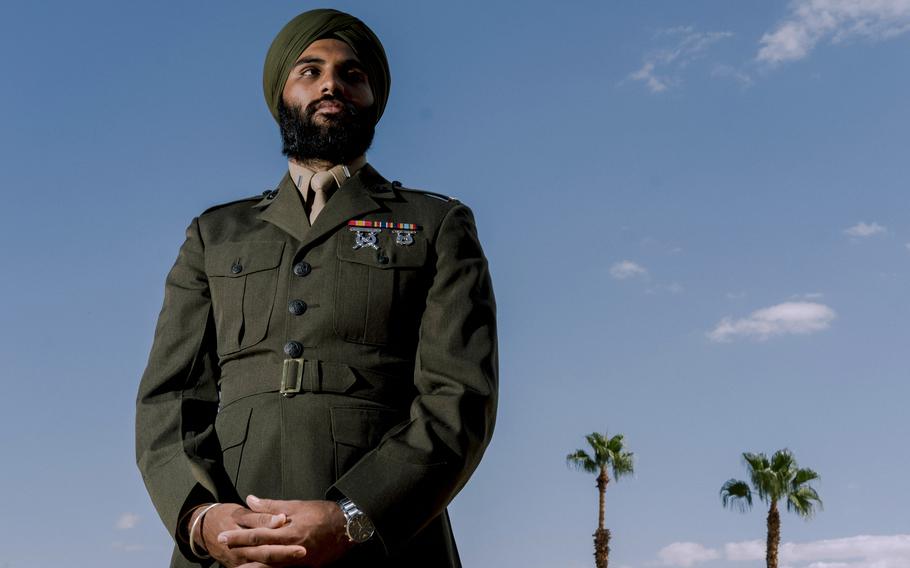 Capt. Sukhbir Singh Toor, seen here as a lieutenant in 2021, filed a lawsuit along with three prospective Marine recruits, saying that the service is unfairly and unevenly applying grooming standards in its treatment of Sikhs.