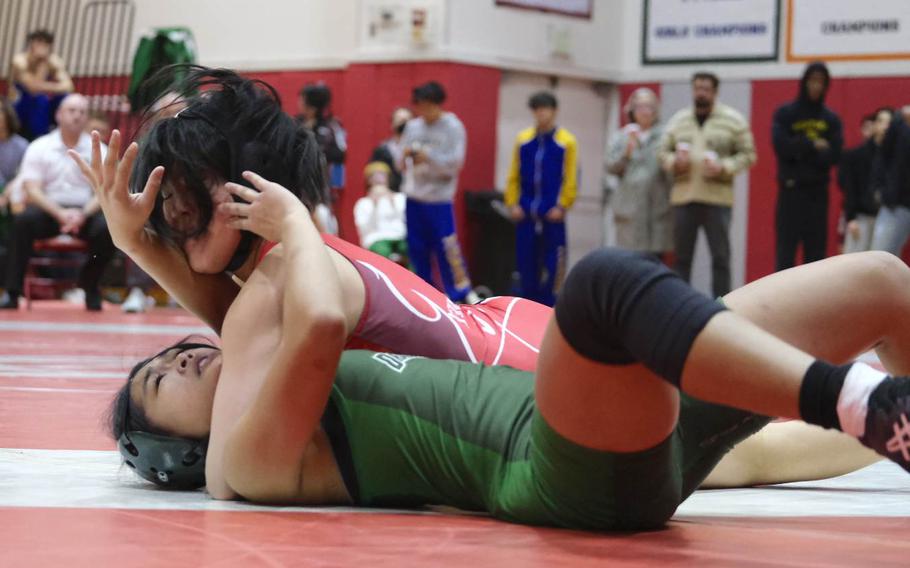 Nanako Takeuchi of Shonan Military Academy pinned Kubasaki’s Gwen Pantaleon to win the Beast of the East 101-pound weight class. 