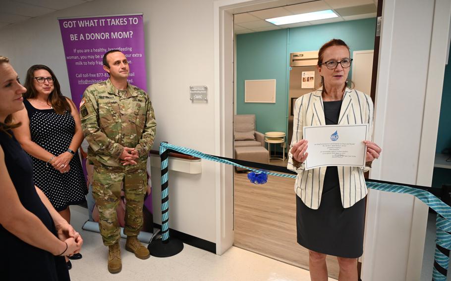 Kim Updegrove, director of the Mothers’ Milk Bank at Austin, speaks Aug. 23, 2023, during a ceremony to open the military’s first breast milk drop-off site at Fort Cavazos, Texas. 