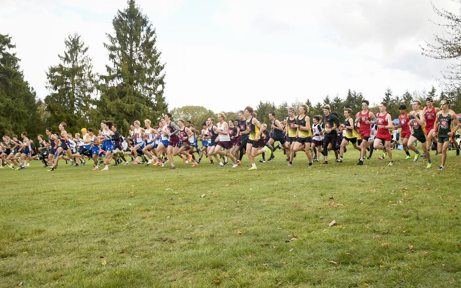 The boys DODEA-Europe cross country championship race kicks off Oct. 21, 2023, in Baumholder, Germany, with 124 participants.