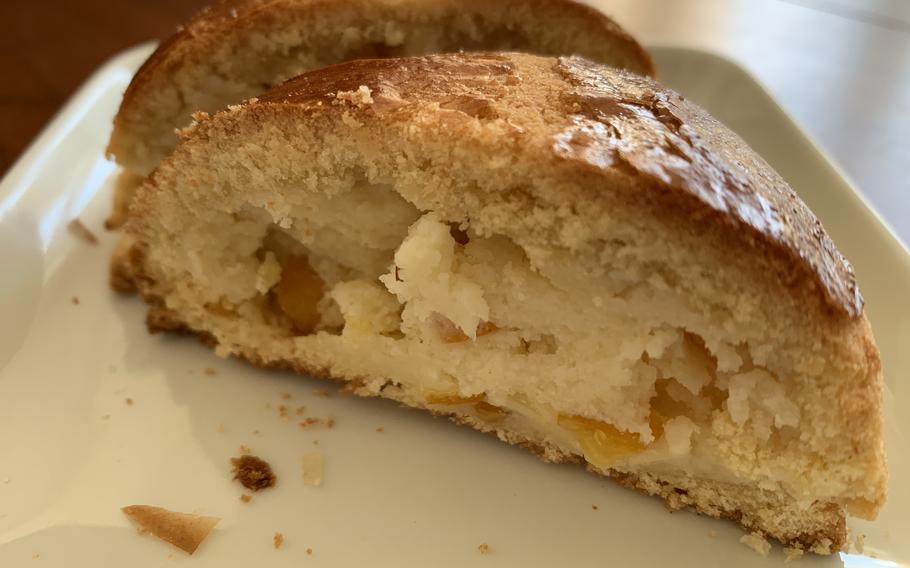 This cross-section of a frolla sfogliatella from Cuorie di Sfogliatella near Naples central train station shows the ricotta filling and shortbread crust. Cuorie sells the traditional treats for about 1.80 euros each. 