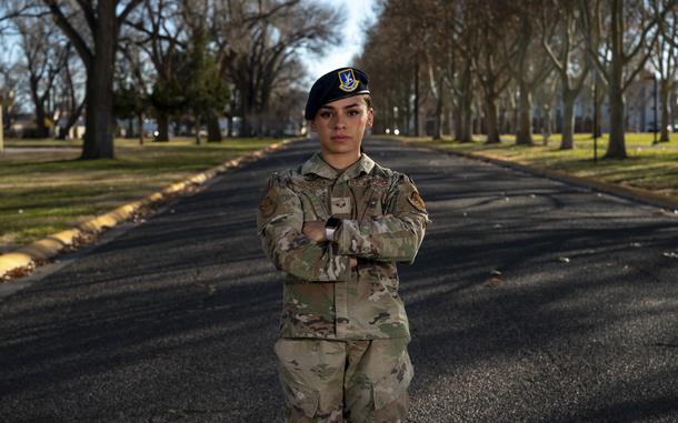 Senior Airman Bianca Mendoza, 377th Security Forces Group defender, poses for a photo at Kirtland Air Force Base, N.M., Dec. 15, 2023. Mendoza holds the New Mexico state powerlifting record for her age bracket and is aiming to compete in the nationals. (U.S. Air Force photo by Senior Airman Ruben Garibay)