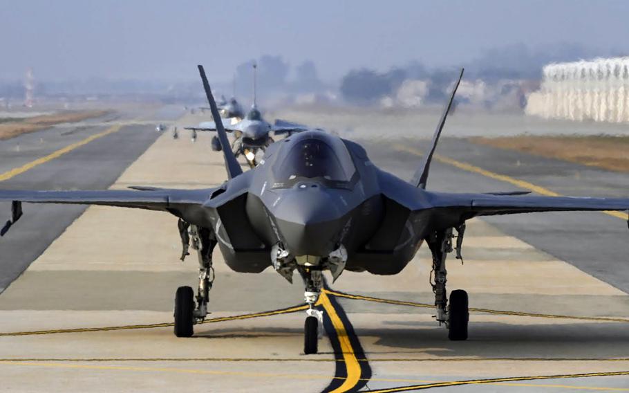 U.S. and South Korean aircraft, including F-35 Lightning IIs and KF-16s, train together during the Vigilant Storm exercise on the Korean Peninsula, Nov. 1, 2022.