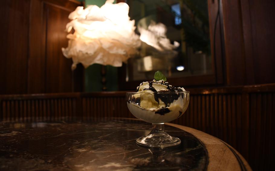 Vanilla ice cream with chocolate sauce is one of several desserts served at Glockencafe.