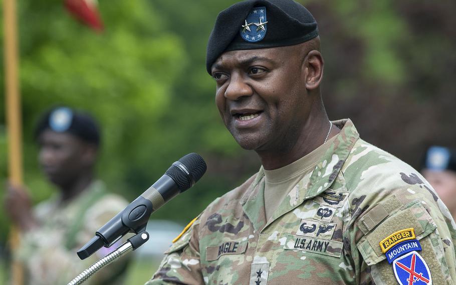 Maj. Gen. Milford H. Beagle Jr., commanding general for the 10th Mountain Division, addresses the audience during a change of command ceremony on May 31, 2022, at Fort Drum, New York. 