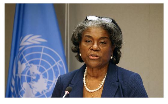 Linda Thomas-Greenfield, U.S. Ambassador to the United Nations, speaks to the media at a socially distanced briefing on March 1, 2021 in New York City. 