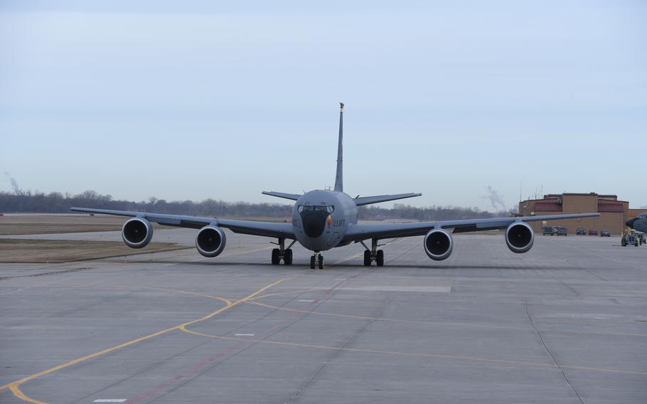 A U.S. Air Force KC-135 Stratotanker of the 185th Air Refueling Wing taxies to the runway at the 185th Air Refueling Wing in Sioux City, Iowa, March 12, 2024.