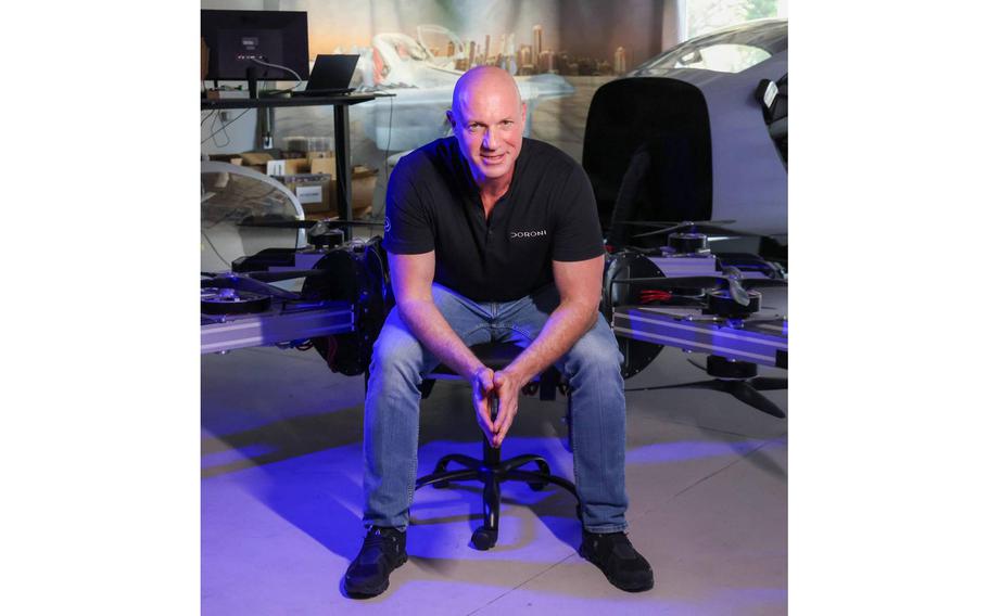 Doroni Aerospace CEO Doron Merdinger is photographed after taking flight in his company’s flying car at Doroni Aerospace’s Pompano Beach offices, Monday, July 3, 2023.