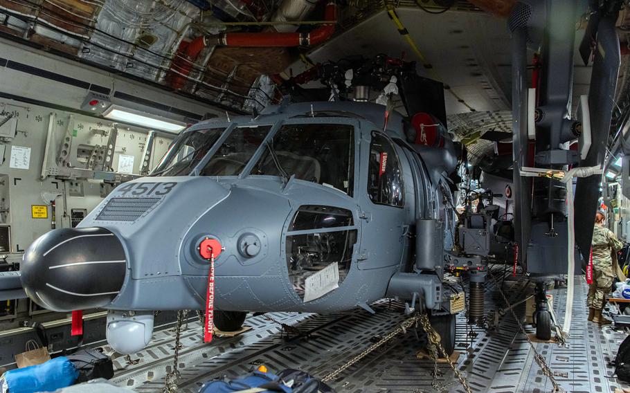 An HH-60W Jolly Green II assigned to the 33rd Rescue Squadron arrives at Kadena Air Base, Okinawa, Jan. 26, 2024. 