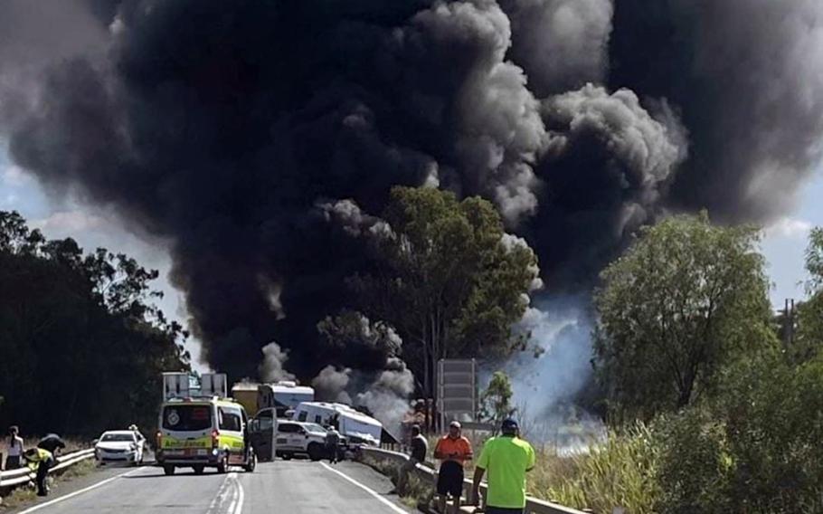 This screenshot of an image posted to Twitter purports to show the aftermath of seven-vehicle collision near Rockhampton, Australia, Wednesday, July 19, 2023.