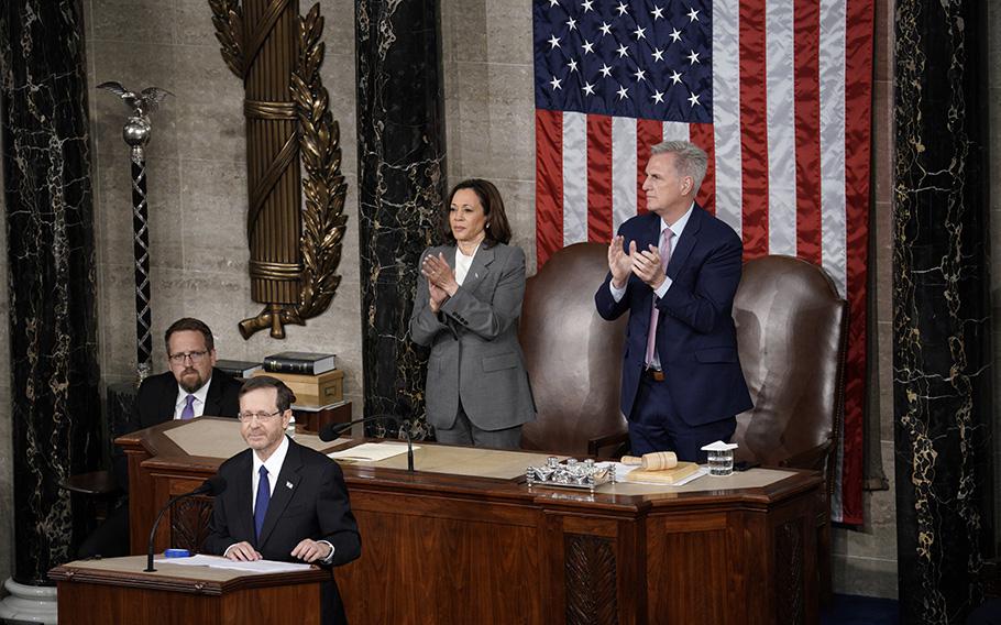 Vice President Kamala Harris and House Speaker Kevin McCarthy applaud as Israeli President Isaac Herzog addresses a joint meeting of the U.S. Congress on Capitol Hill in Washington, D.C. on Wednesday, July 19, 2023. 