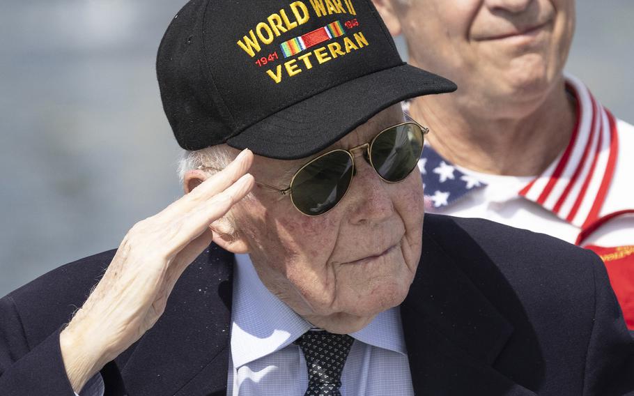 World War II veteran Jeffrey Donahue salutes during the 20th anniversary celebration of the National World War II Memorial in Washington, D.C., May 25, 2024.