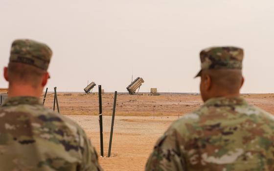 Brig. Gen. Richard Harrison, commanding general of 32nd Army Air and Missile Defense Command, observes Patriot launchers Nov. 19, 2023, at an undisclosed location in the Middle East. 