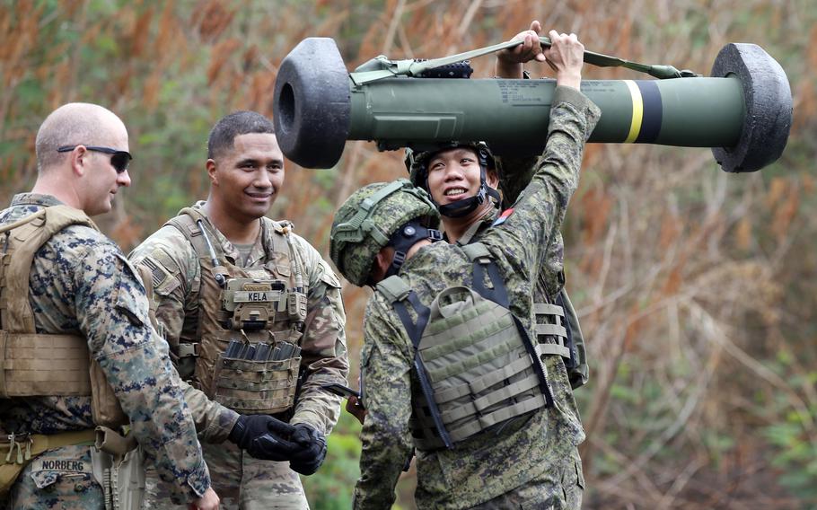 U.S. and Filipino troops take part in a Balikatan drill involving Javelin anti-tank missiles at Fort Magsaysay, Philippines, Thursday, April 13, 2023.