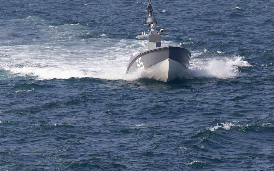 An Arabian Fox MAST-13 unmanned surface vessel attached to U.S. Central Command’s Task Force 59 conducts surveillance in the Persian Gulf on Nov. 21, 2023. 