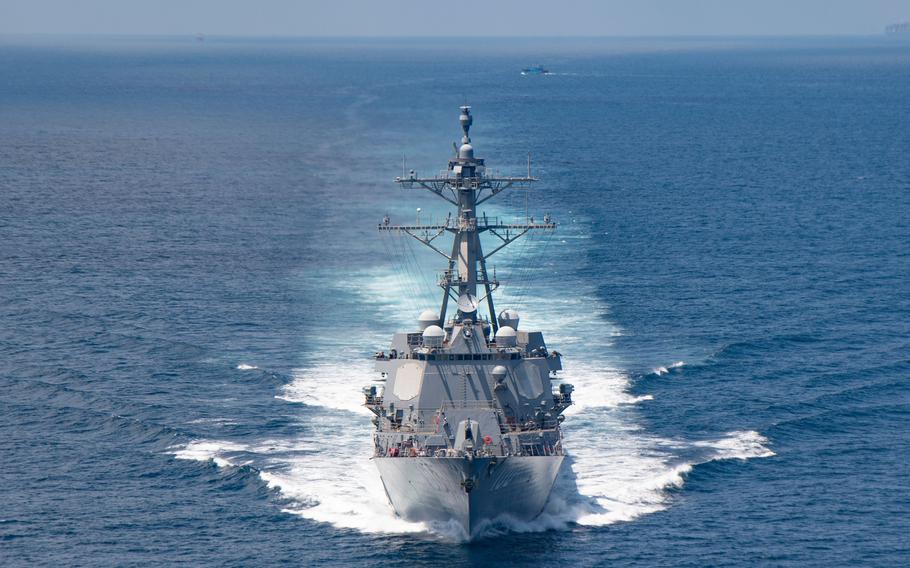 The guided-missile destroyer USS Kidd steams through the Taiwan Strait on Aug. 27, 2021. 