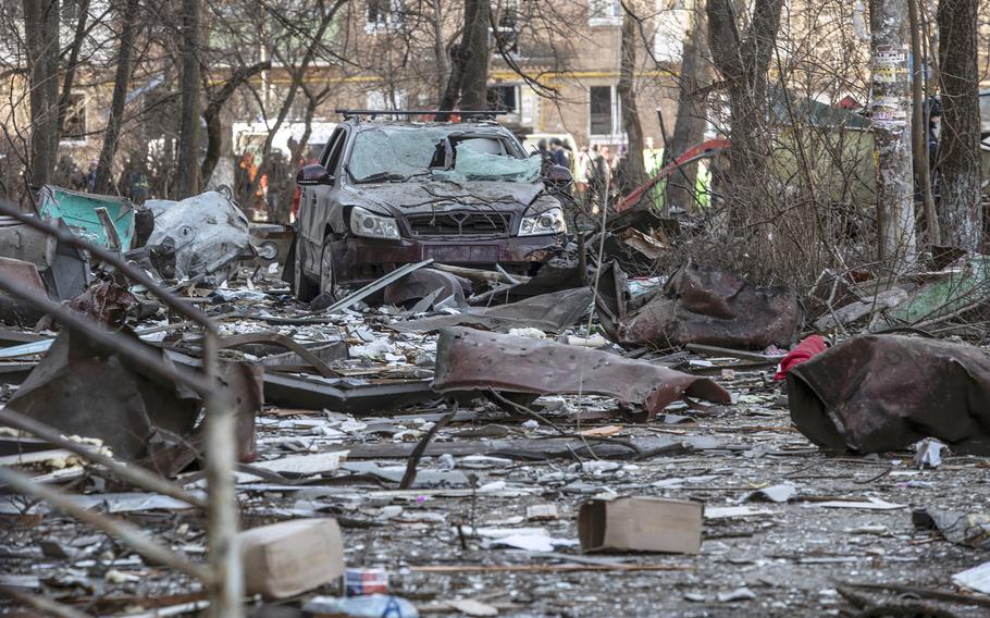 The site of a bombing that damaged residential buildings in Kyiv on March 18, 2022. 