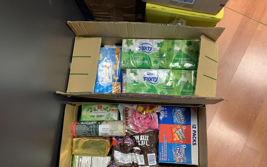 Roughly 30 boxes of items donated for the benefit of U.S. service members in Eastern Europe were collected at Allied Joint Force Command Naples. 