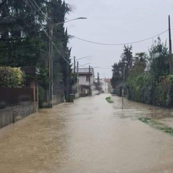 A street in Ponte di Debba, Italy, is saturated Wednesday, Feb. 28, 2024, after 4 inches of rain fell on the Vicenza area. American military bases in Vicenza saw school closures and service disruptions Wednesday following the flooding. 
