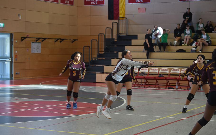 Baumholder’s Emma Rodriguez returns a loose ball in a match against Ansbach on Thursday, Oct. 27, 2022.