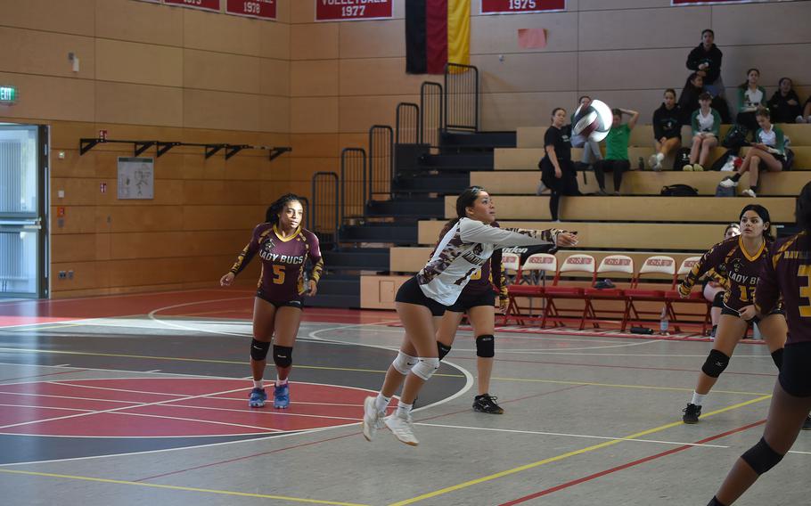 Baumholder’s Emma Rodriguez returns a loose ball in a match against Ansbach on Thursday, Oct. 27, 2022.