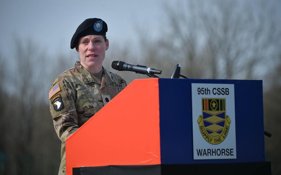 Lt. Col. Robin A. Eskelson addresses troops during the reactivation of the 95th Combat Sustainment Support Battalion, April 6, 2023, at Smith Barracks in Baumholder, Germany. Projected to grow to become 700 soldiers strong, the unit will provide logistical support to Army units in Europe and Africa.