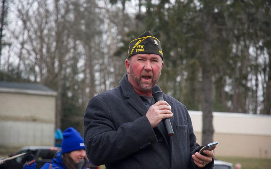 Dozens of elected officials, veterans and nurses turned out to protest the potential closure of a Veterans Affairs hospital in Northampton, on March 28, 2022. David Felty, the president of Homeward Vets and commander of VFW Post 8006 in Florence, is pictured. 