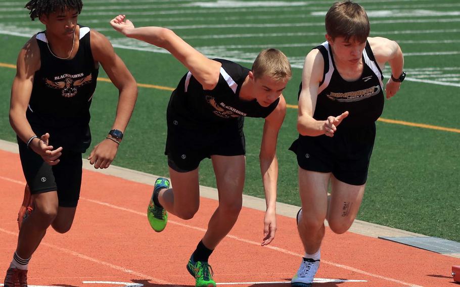 From right, Jax Watson, Andrew Wahlgren and Ta’Quan Townsend led a 1-2-3 finish for Humphreys in the 1,600 during Saturday’s DODEA-Korea track and field meet.