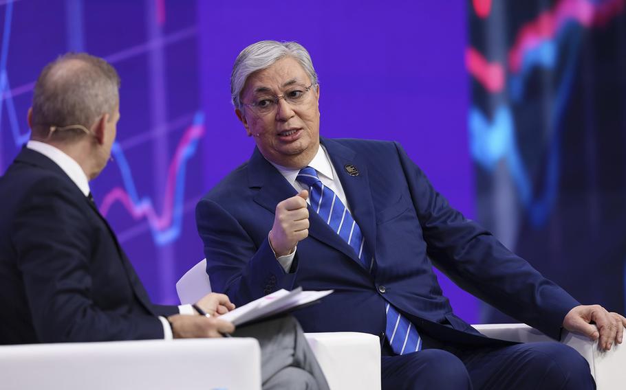 Kassym-Jomart Tokayev, Kazakhstan’s president, speaks during a session at the Qatar Economic Forum in Doha, Qatar, on June 21, 2022.