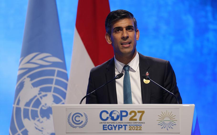 British Prime Minister Rishi Sunak speaks during the Sharm El-Sheikh Climate Implementation Summit of the UNFCCC COP27 climate conference on Nov. 7, 2022, in Sharm El Sheikh, Egypt. 