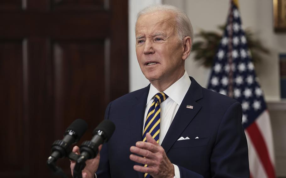 U.S. President Joe Biden speaks in the Roosevelt Room of the White House March 8, 2022, in Washington, D.C. During his remarks, Biden announced a full ban on imports of Russian oil and energy products as an additional step in holding Russia accountable for its invasion of Ukraine. 