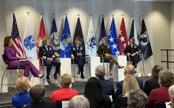 Coast Guard Commandant Adm. Linda Fagan, Air Force Gen. Jacqueline Van Ovost, Army Gen. Laura Richardson, and Navy Adm. Lisa Franchetti speak Monday, March 6, 2023, at the “Beyond Firsts: Powering the Future Force” panel discussion at the Military Women’s Memorial in Arlington, Va. In celebration of Women’s History Month, the top female military officers gathered for the first time to share their unique perspectives and experiences as service members, the importance of recruiting and retaining the best talent, and the impacts of having a diverse, inclusive warfighting force. 