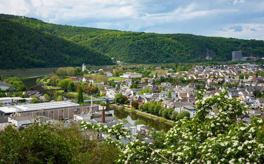 Burg Lahneck offers a commanding view of the Lahn River near its confluence with the Rhine on May 6, 2023. The castle inspired a poem by Goethe titled "Geistesgruss," meaning "Ghost Greetings."