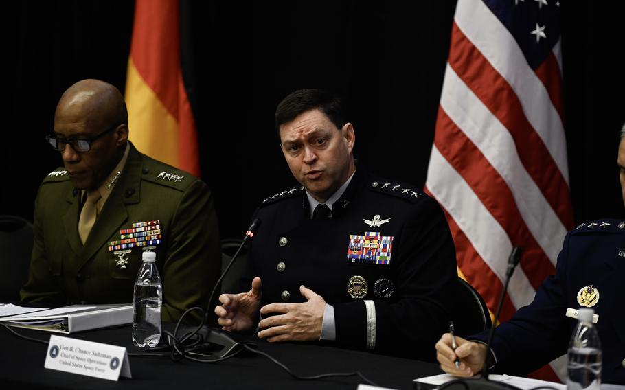 U.S. Space Force Gen. Chance Saltzman, the chief of space operations, addresses reporters at Ramstein Air Base, Germany, Dec. 8, 2023, during the activation ceremony of the U.S. Space Forces Europe and Africa. Saltzman provided insights into the strategic objectives and operational plans, emphasizing the role of the new command in enhancing space capabilities on both continents.