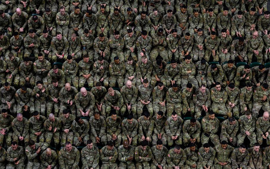New Jersey National Guard soldiers sit during a farewell ceremony in Trenton, N.J., on Jan. 14, 2024.