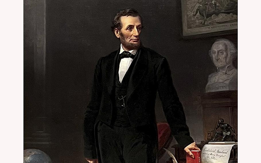A close-up of an 1865 portrait of Abraham Lincoln by W.F.K. Travers is on display at the National Portrait Gallery.