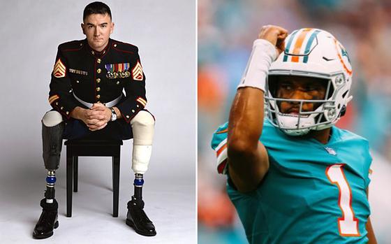 Marine veteran John Jones and Miami Dolphins quarterback Tua Tagovailoa.