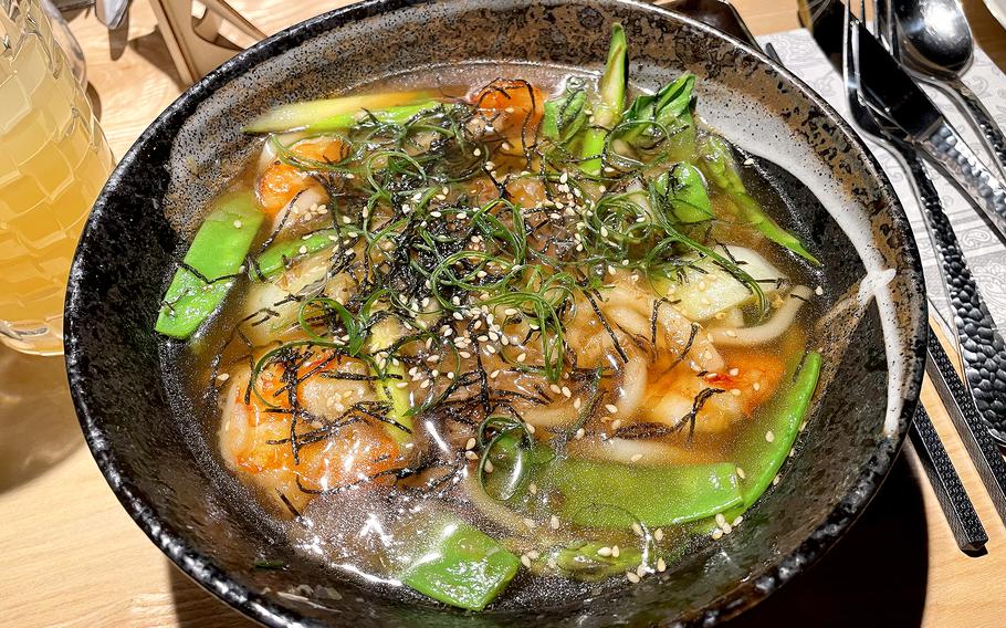 The King Udon at Mizuki in Kaiserslautern, Germany, includes the noodles along with shrimp, asparagus and other vegetables.