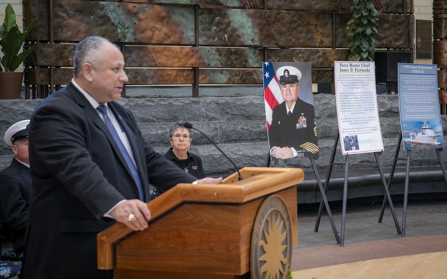 Secretary of the Navy Carlos Del Toro announces that a future Navajo-class Towing, Salvage, and Rescue ship will be named after James D. Fairbanks, a member of the Chippewa Tribe and the 13th Force Master Chief Petty Officer of the Seabees. Del Toro made the announcement Wednesday, Feb. 22, 2024, at the National Museum of the American Indian in Washington.