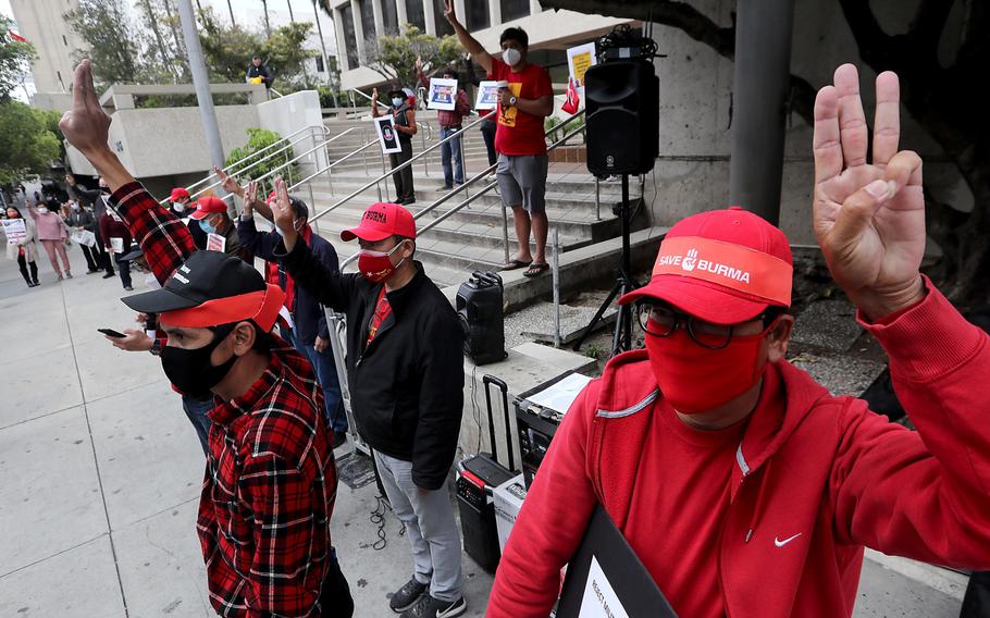 Members of the Burmese American community hold a demonstration outside the Office of the Consulate General of Myanmar in Los Angeles on Saturday, April 24, 2021. Protesters denounced a coup by the military against the elected government of Myanmar, which has been struggling with stability and the reported ethnic cleansing of the country's Muslim minority.