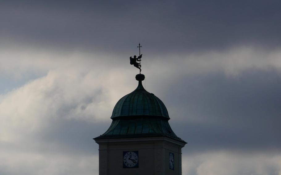 The top of the steeple of the Parish Church of St. Stanislaus and St. Wojciech in Rzeszow, Poland. The oldest part of the church dates back to the early 15th century.