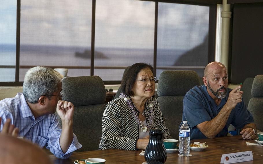 U.S. Sen. Mazie Hirono, D-Hawaii, listens to a brief during her visit to Marine Corps Base Hawaii Aug. 28, 2019. 