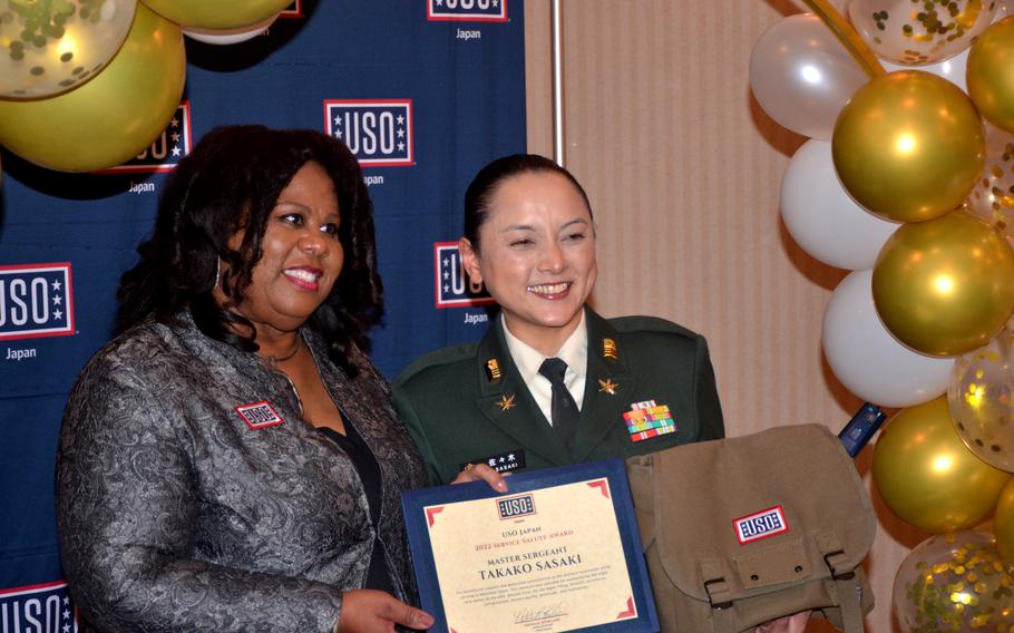 USO Area director Natalie Rowland and Japan Ground Self-Defense Force Master Sgt. Takako Sasaki pose after USO Japan’s 2022 Salute to Service Awards at Yokosuka Naval Base, Japan, on Nov. 10, 2022. 