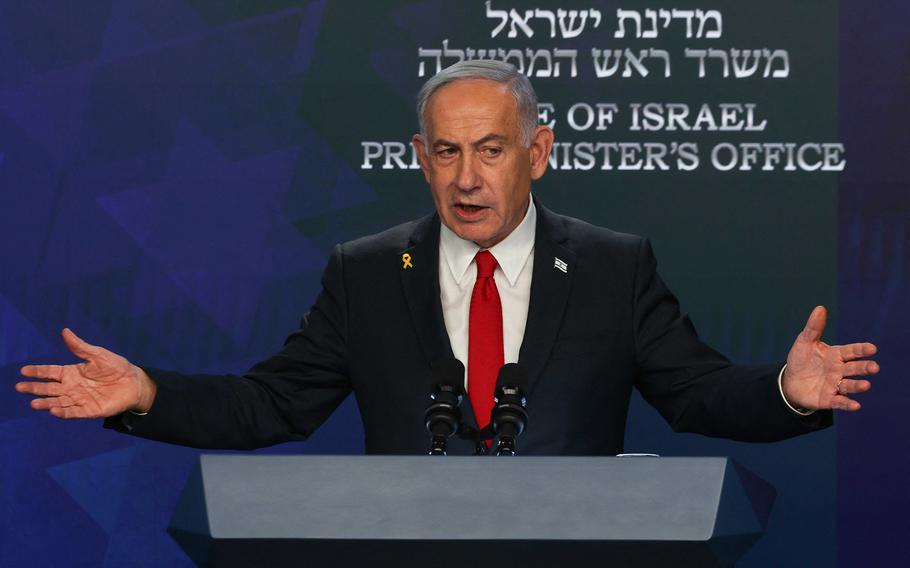 Israeli Prime Minister Benjamin Netanyahu gives a press conference
